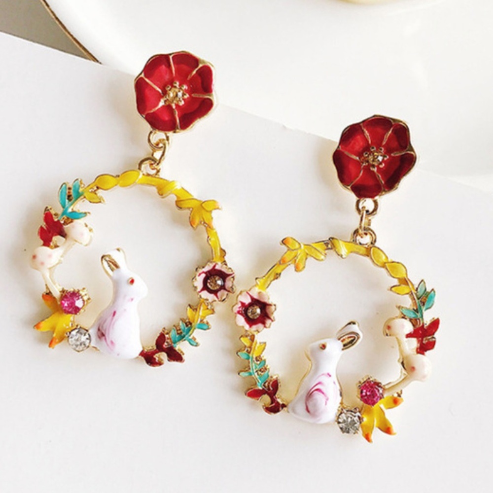 Red Flower White Easter Bunny Drop Earrings